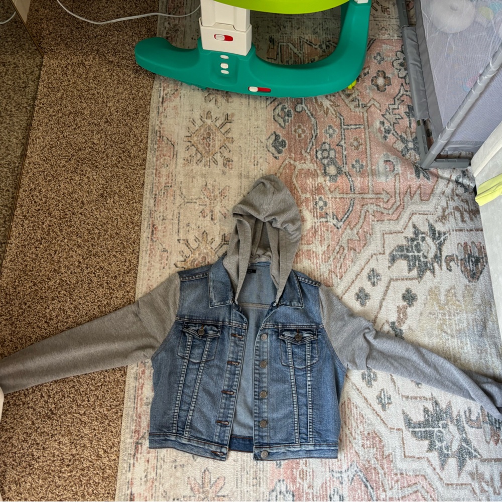 Gray and Blue Denim Jacket with Hoodie